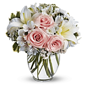 pink roses white lily vase arrangement